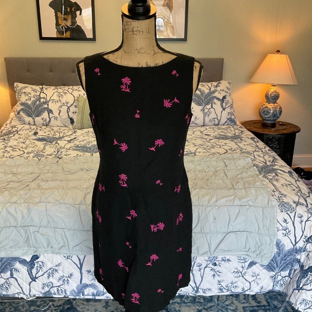VTG Linen embroidered Shift Dress Black  Pink Palm tree preppy country club 6